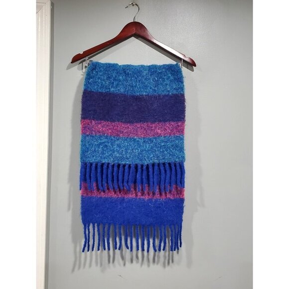 Saint + Sofia Hand Woven Wool And Mohair Scarf Blue Pink Purple Fringe 14"x70" - Picture 1 of 8